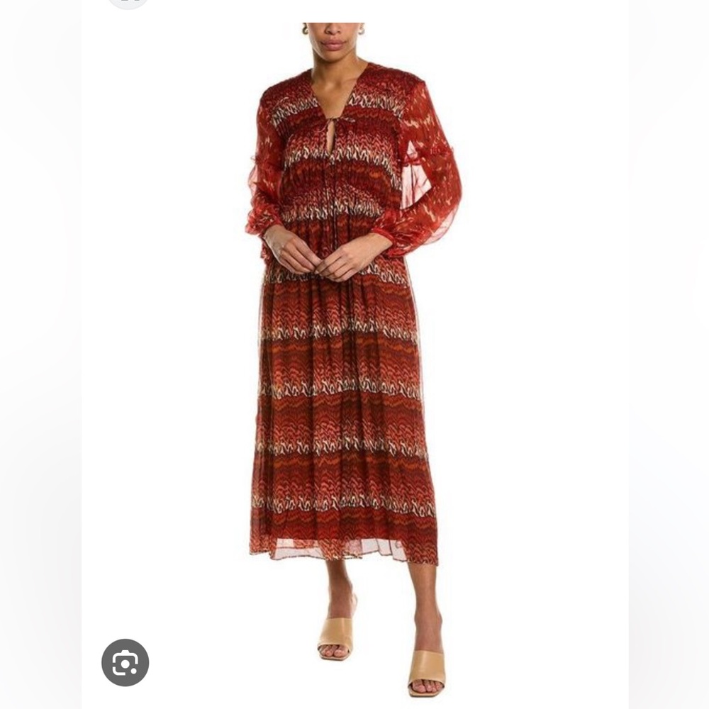 Joie Alquina Silk Dress in red long sleeve midi dress sheer sleeves